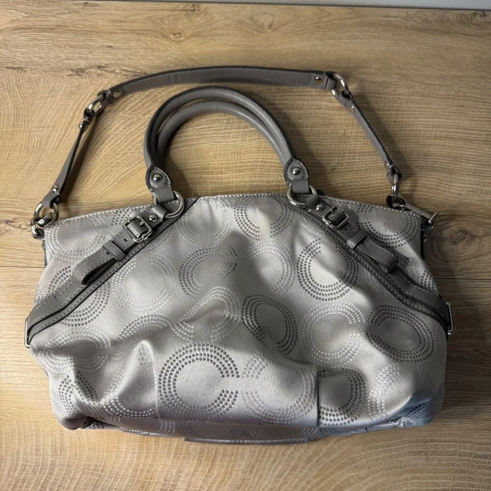 Coach Madison Dotted OP Art Sophia Satchel Signature C Metallic Silver Gray Tote